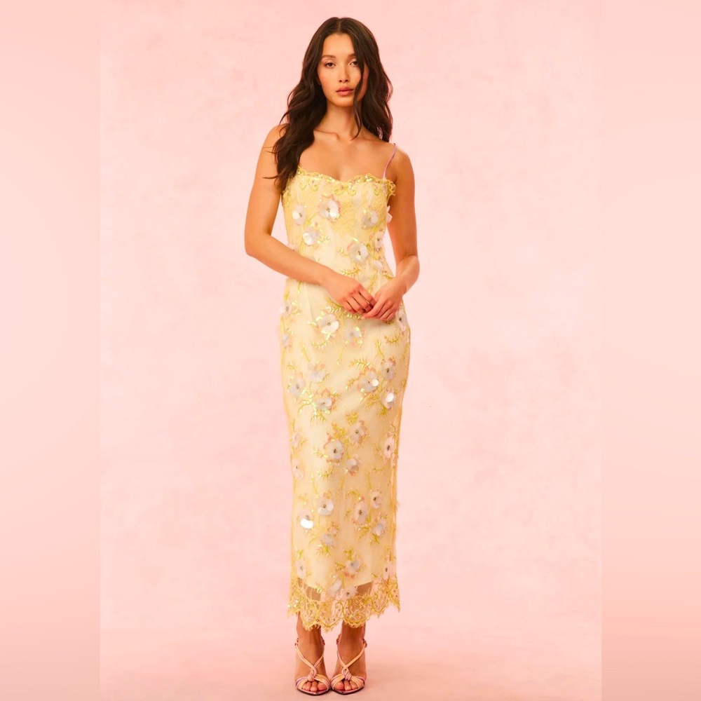 LoveShackFancy Emalia Beaded Yellow French Lace Dress - Picture 5 of 15